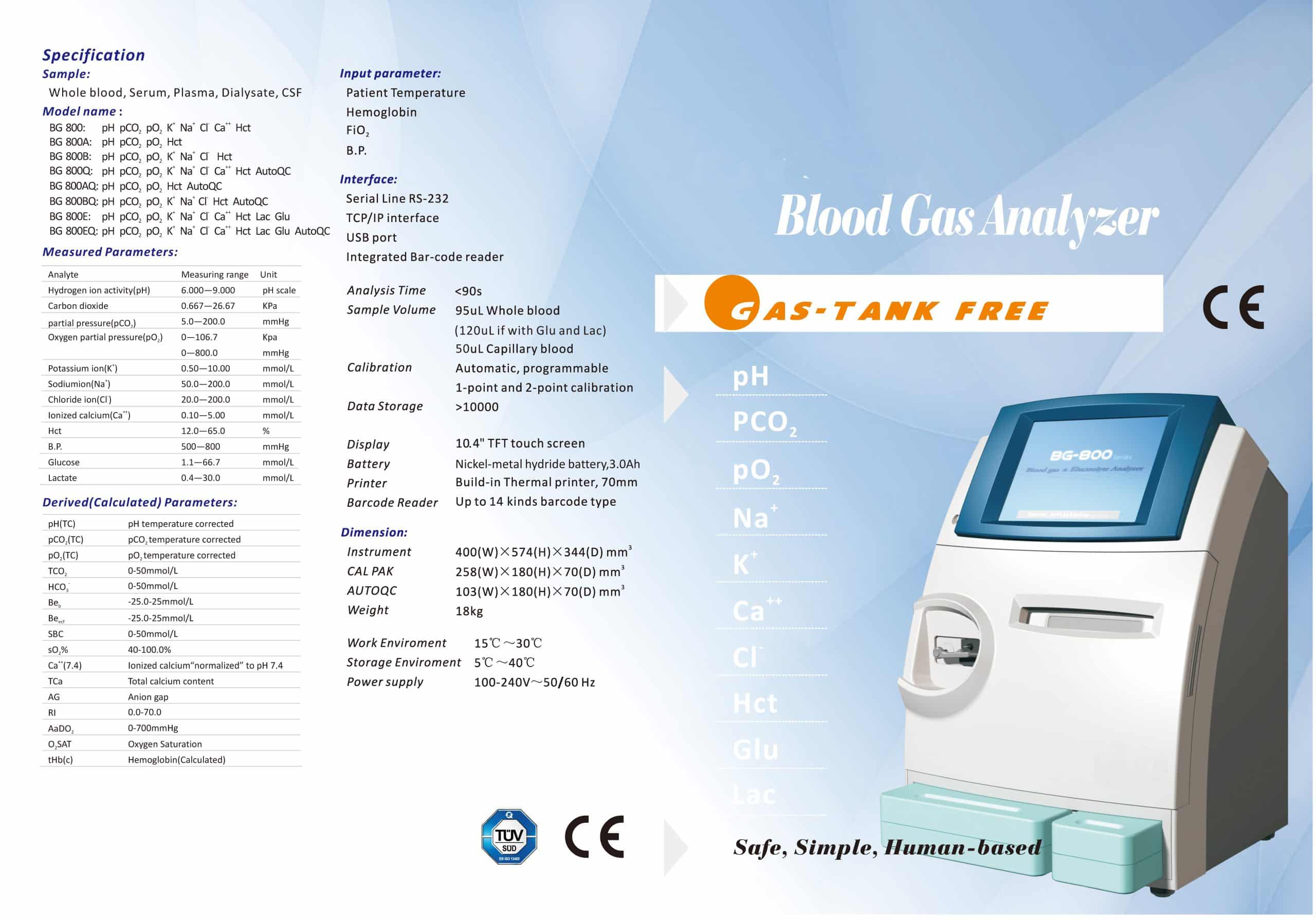 Laboratory Use Blood Gas Electrolyte Analyzer SG-800 4 SG-800 Blood Gas Analyzer Parameters