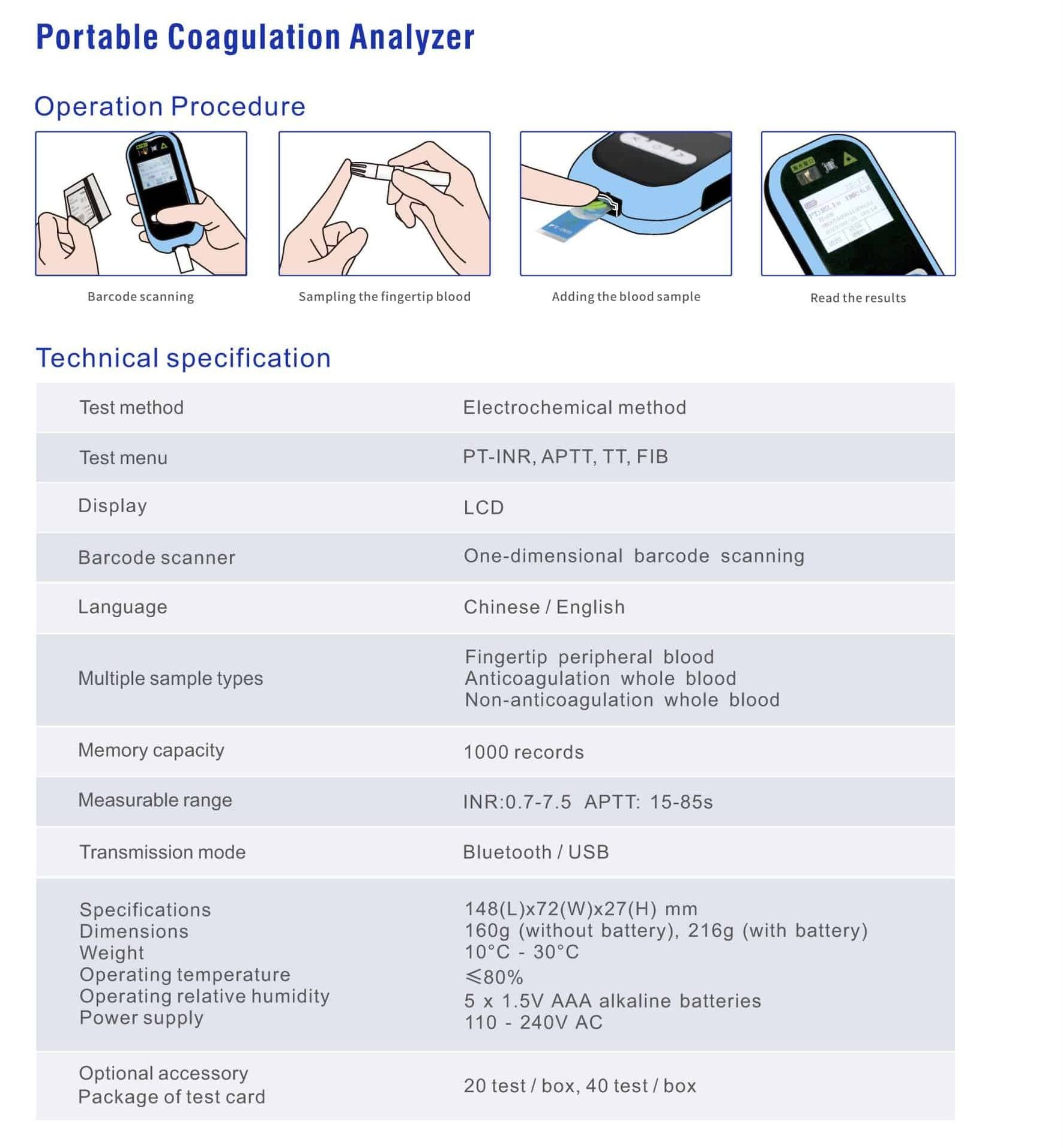 Handheld Coagulation Analyzer PT/INR Testing-MS-PT-10 2 Coagulation Analyzer Operation Steps and Parameters
